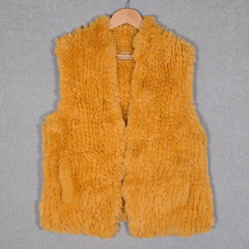 JAYLEY Women's Vintage-Inspired Mustard Yellow Rabbit Fur Vest Pockets L